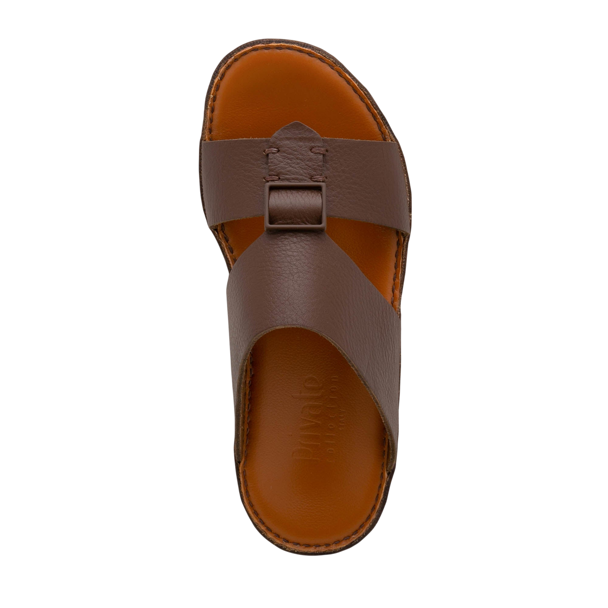 Private Collection brown luxury leather sandals with buckle detail and cushioned sole for comfort