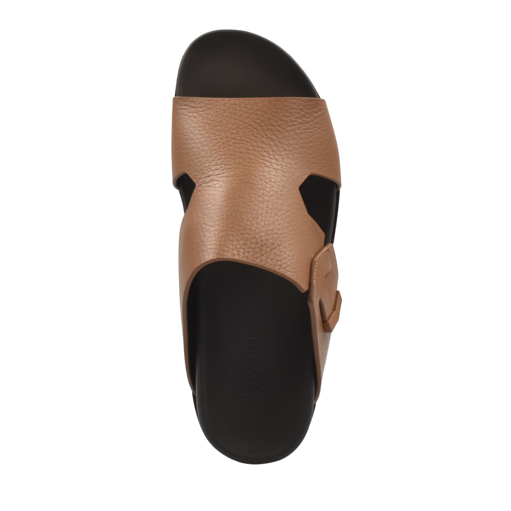 Top view of tan luxury leather sandals with adjustable strap and black sole