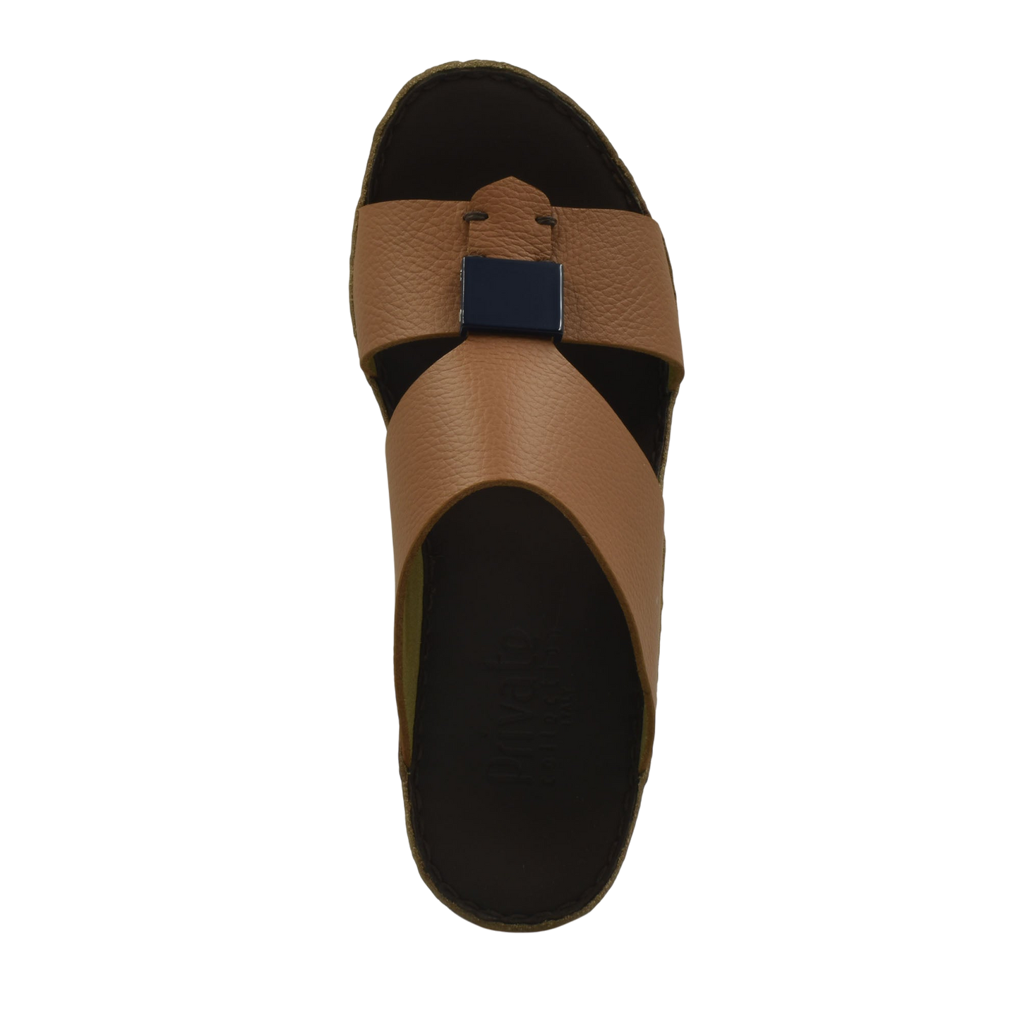 Top view of a brown luxury leather sandals with black sole and buckle detail