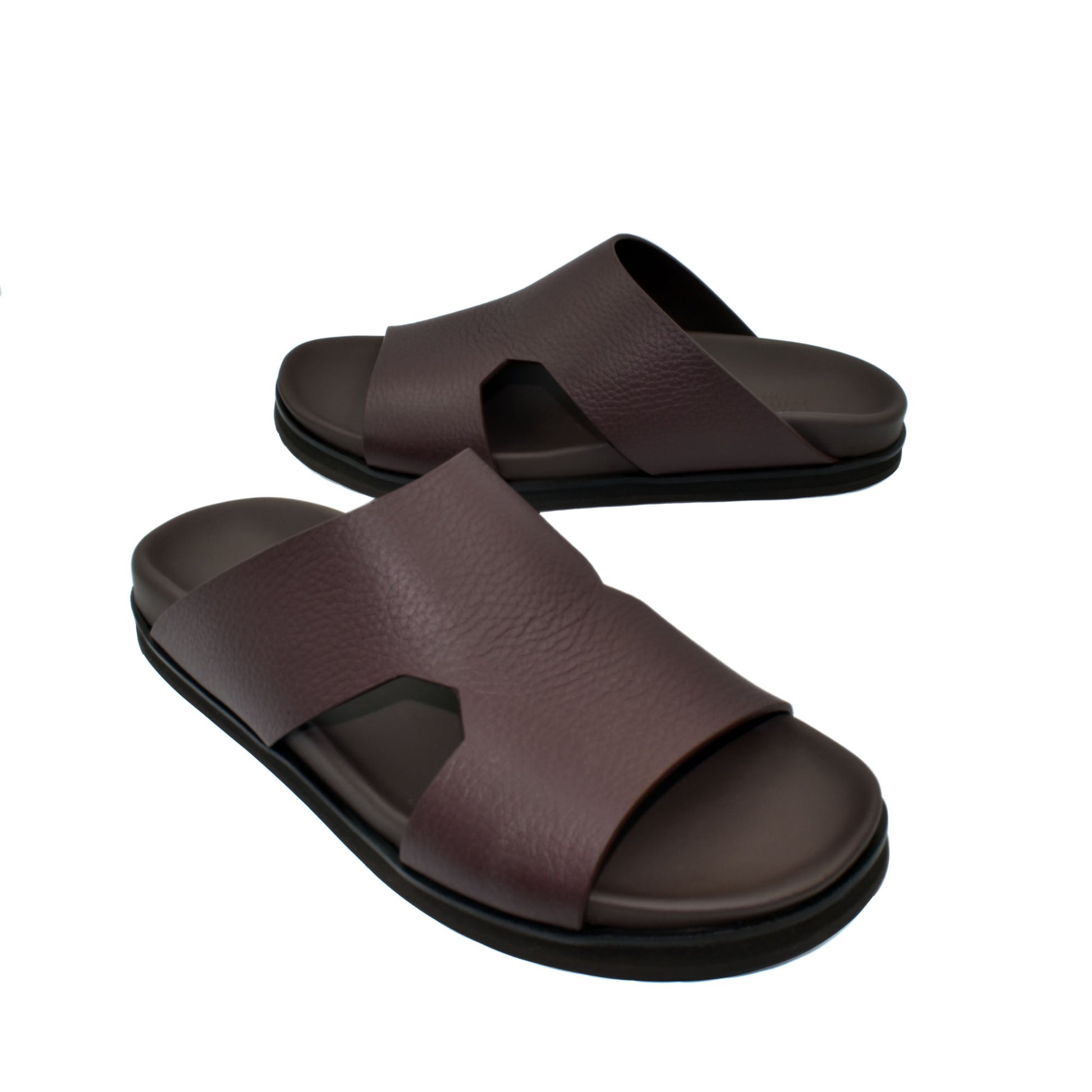 Private collection luxury leather sandals in dark brown with wide cross straps and cushioned sole