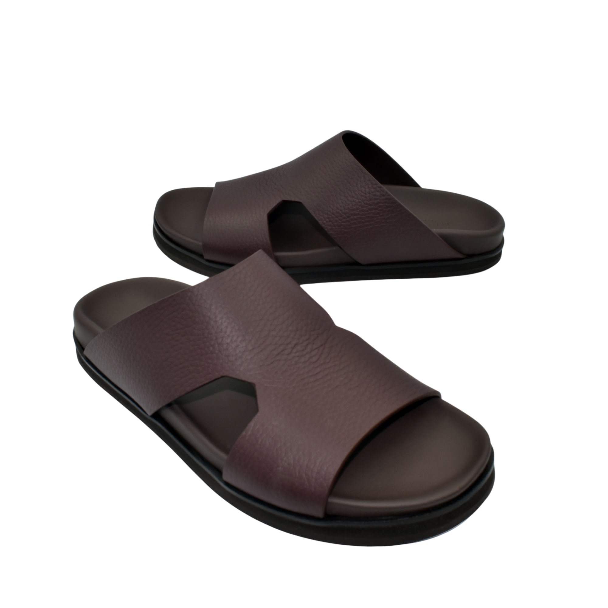 Private collection luxury leather sandals in dark brown with wide cross straps and cushioned sole