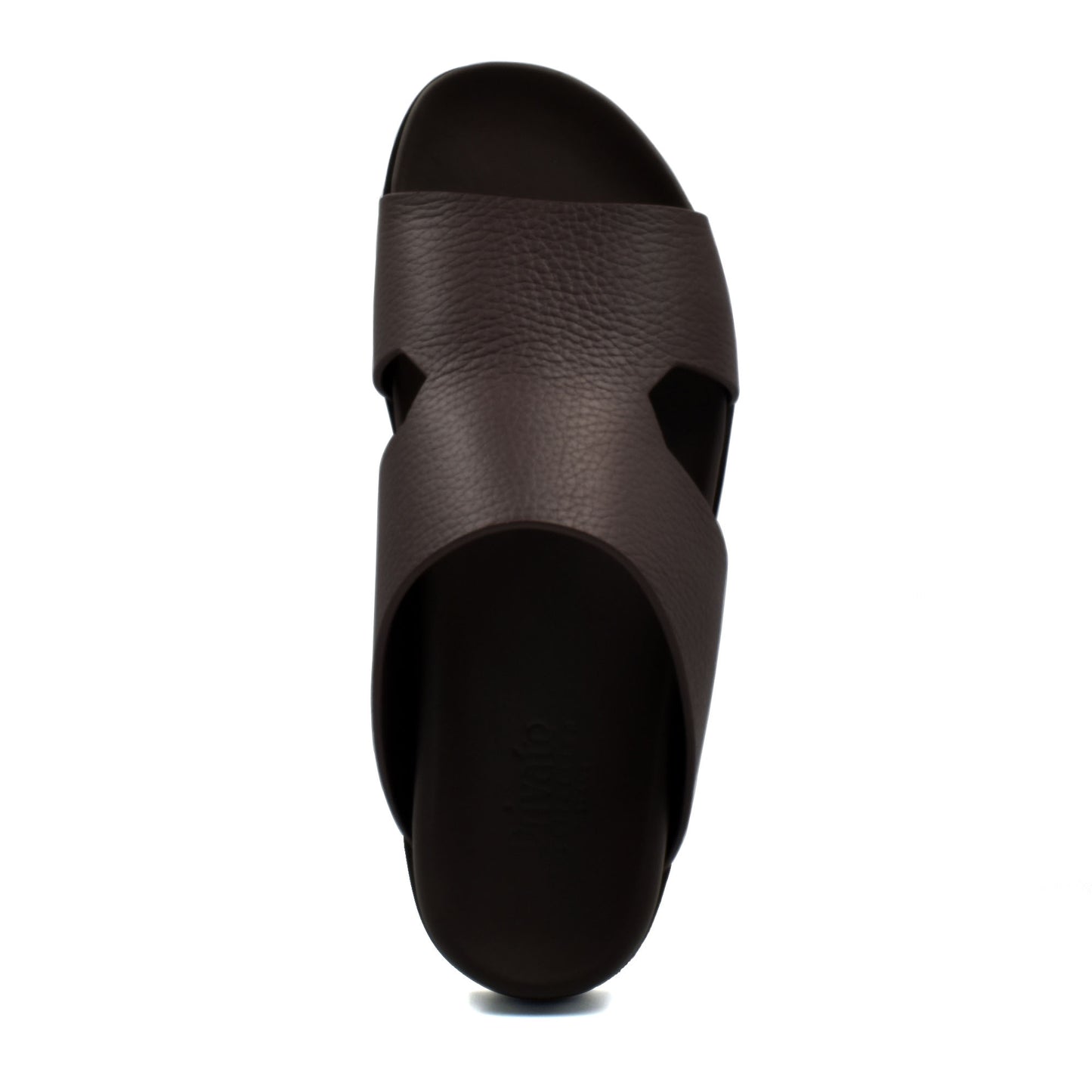 Top view of brown luxury leather sandals with cushioned sole and wide strap design