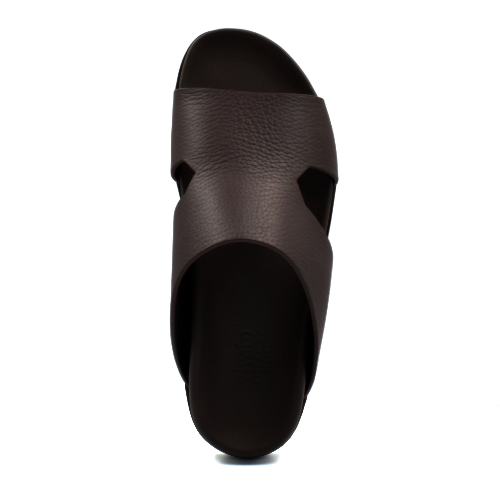 Top view of brown luxury leather sandals with cushioned sole and wide strap design