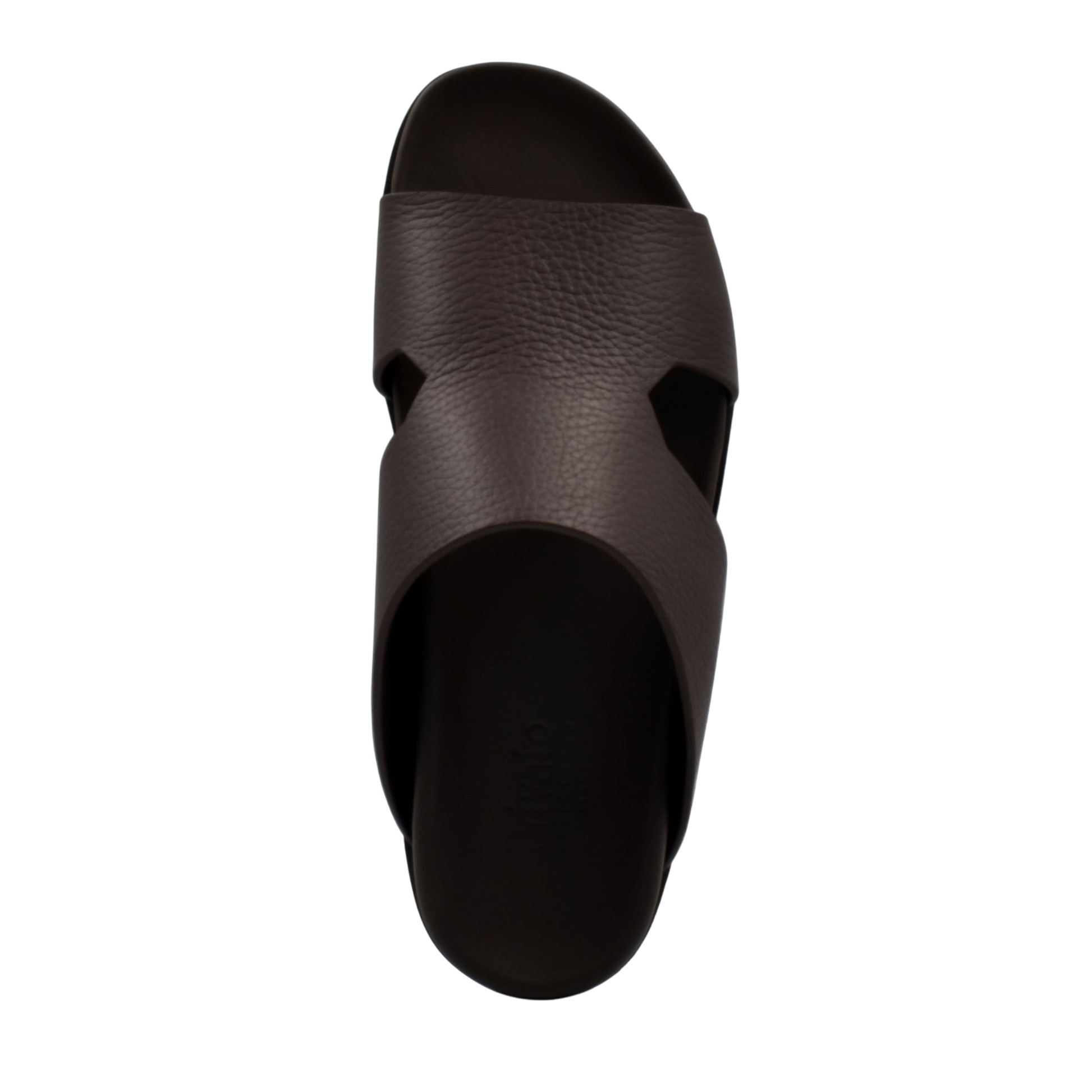 Top view of brown luxury leather sandals with cushioned sole and wide strap design