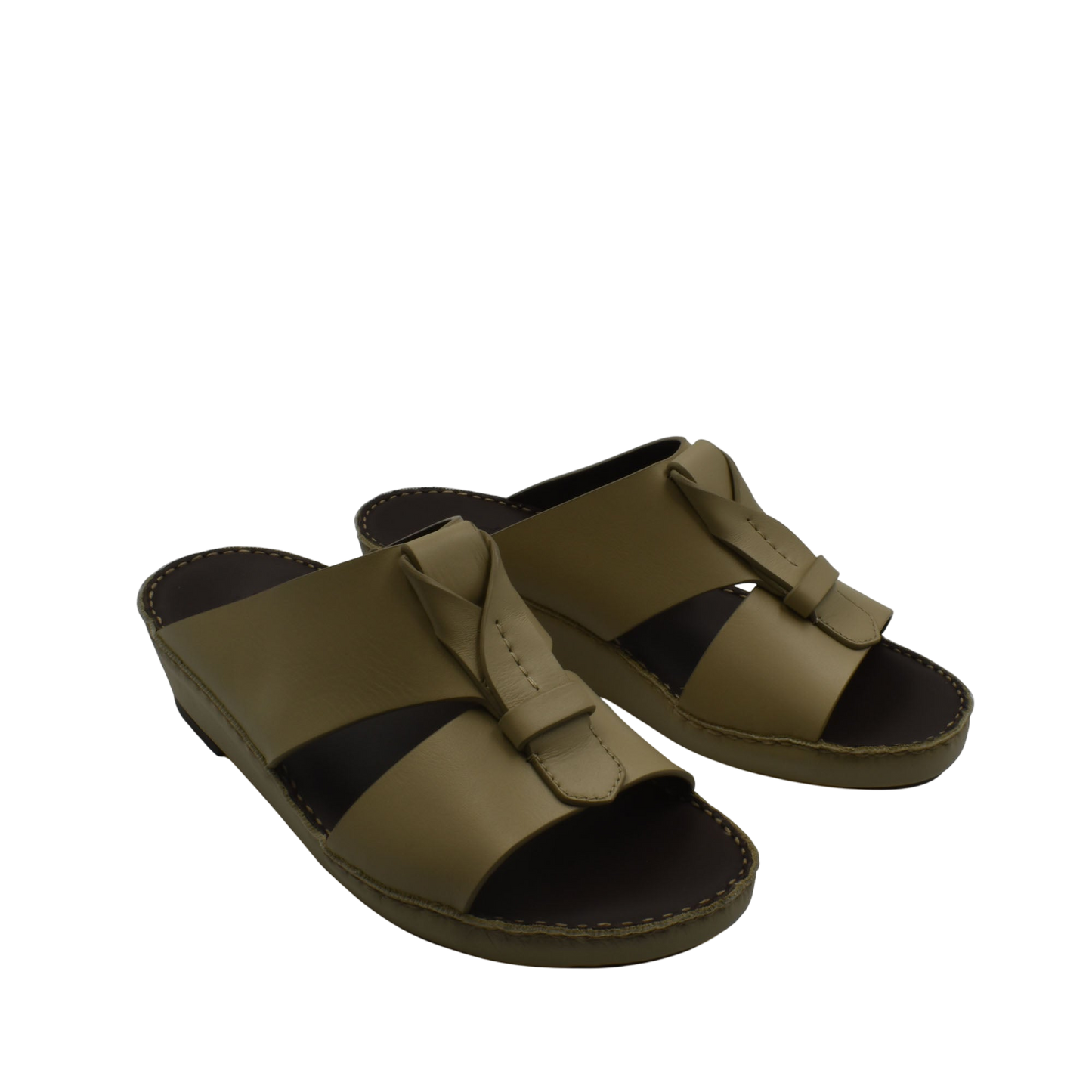Pair of olive green luxury leather sandals with open toe design and roomy straps