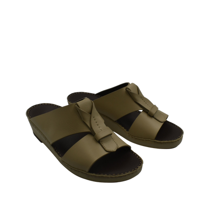 Pair of olive green luxury leather sandals with open toe design and roomy straps