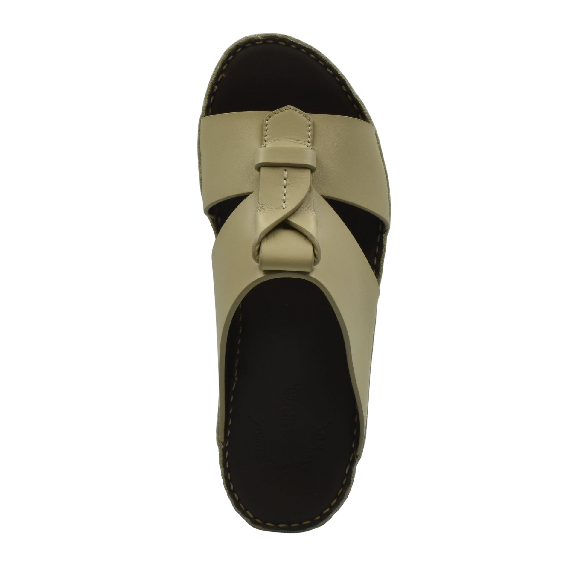 Beige luxury leather sandals with wide strap and knot detail over black sole
