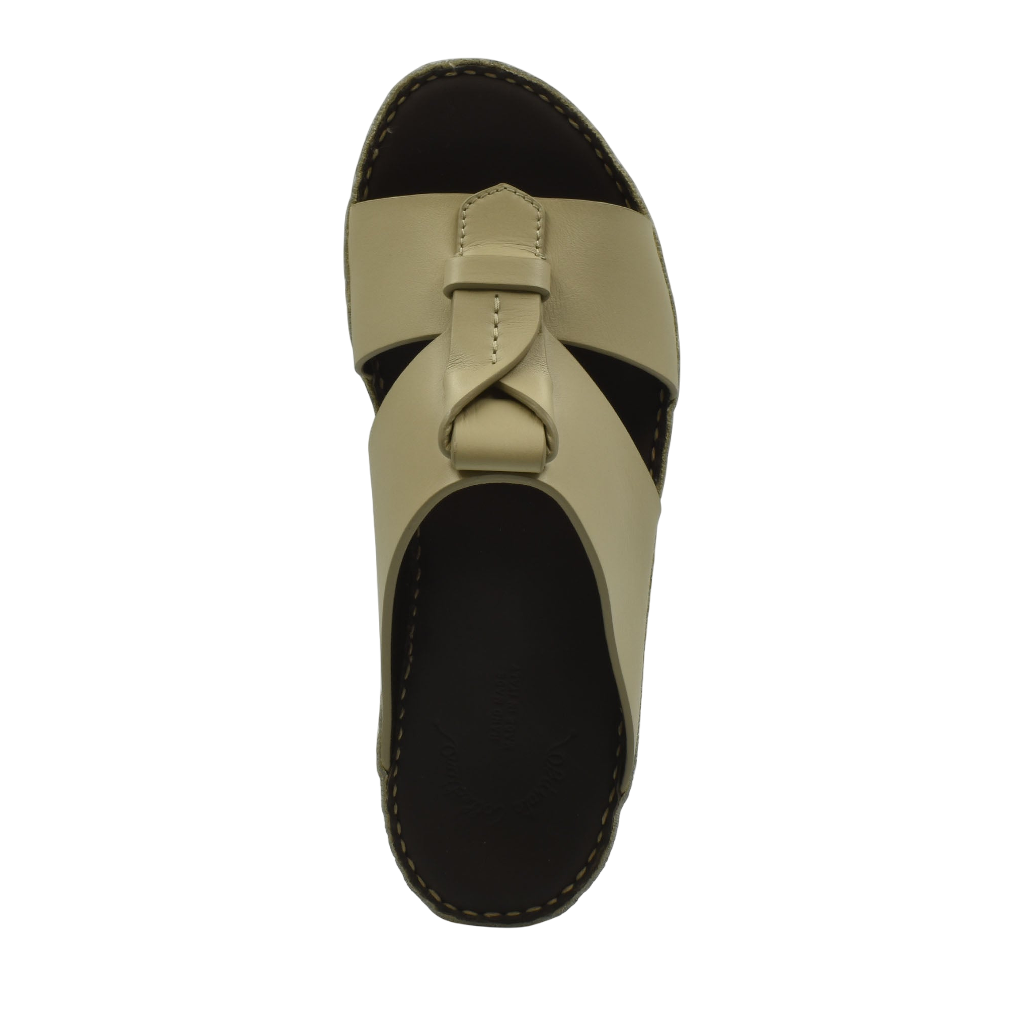 Beige luxury leather sandals with wide strap and knot detail over black sole