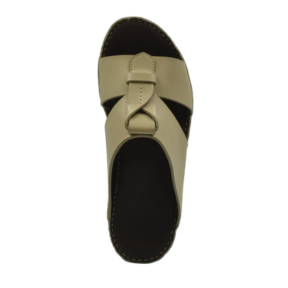 Beige luxury leather sandals with wide strap and knot detail over black sole