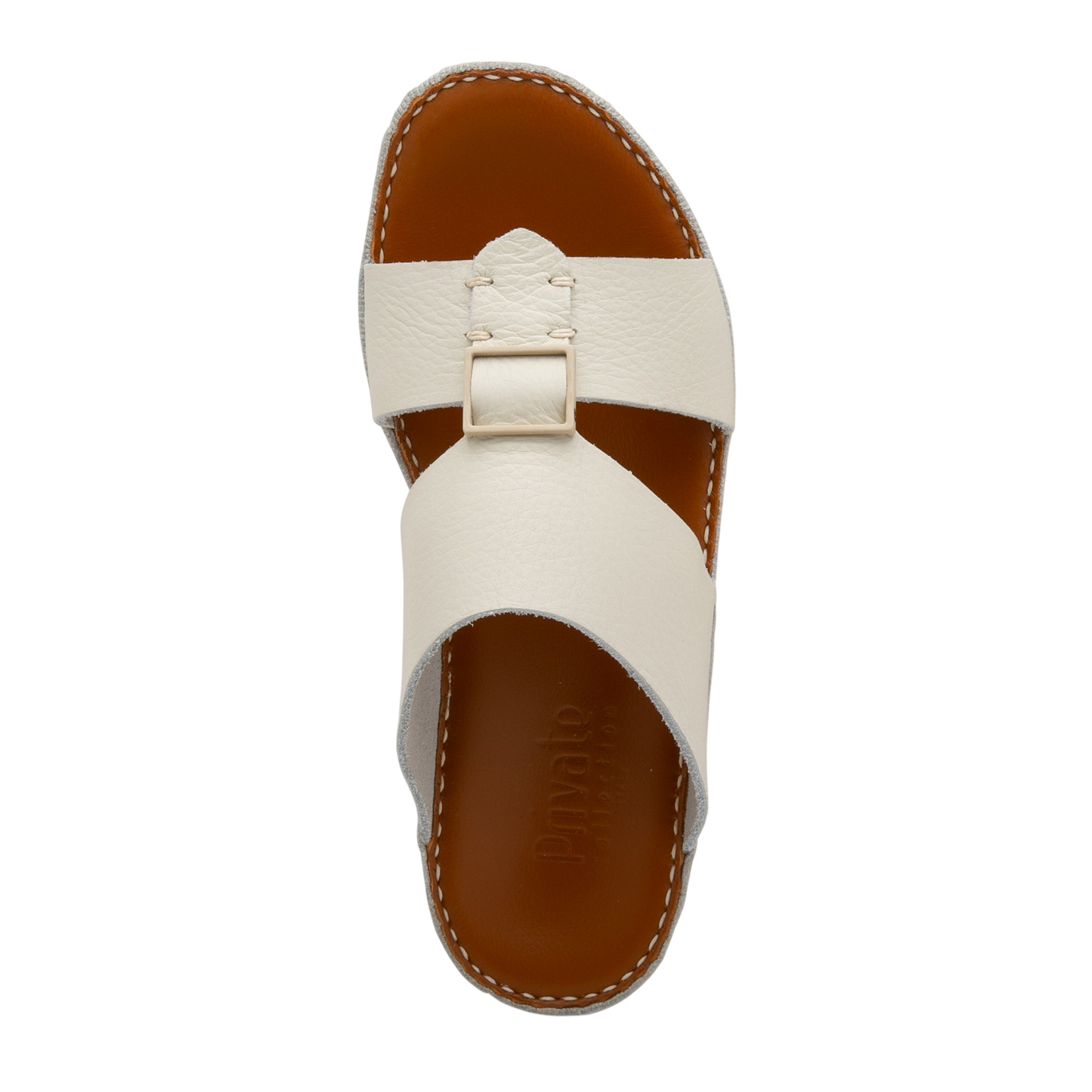 Private Collection luxury leather sandals in white with a buckle and brown sole top view
