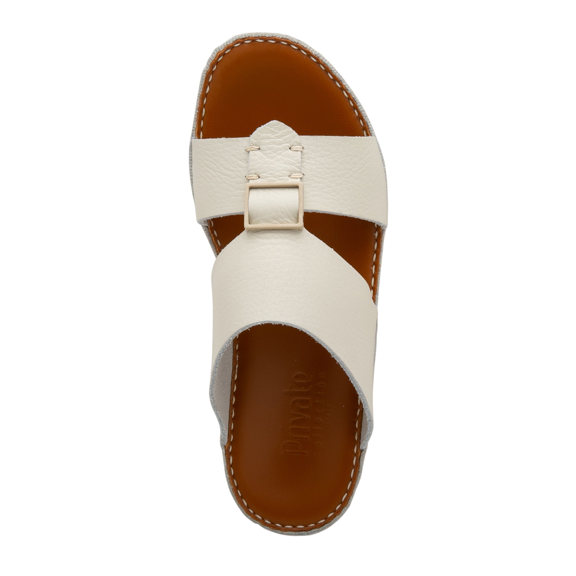 Private Collection luxury leather sandals in white with a buckle and brown sole top view