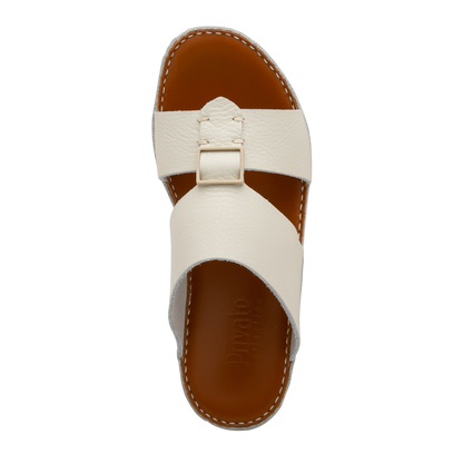 Private Collection luxury leather sandals in white with a buckle and brown sole top view