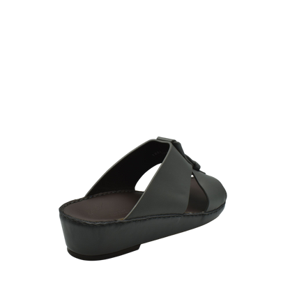 Black luxury leather sandals with open toe and cushioned sole from private collection