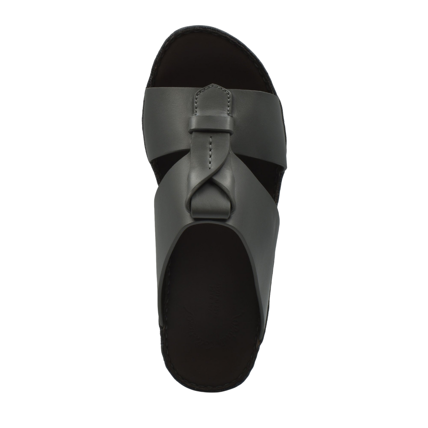 Top view of black luxury leather sandals with wide straps and cushioned sole