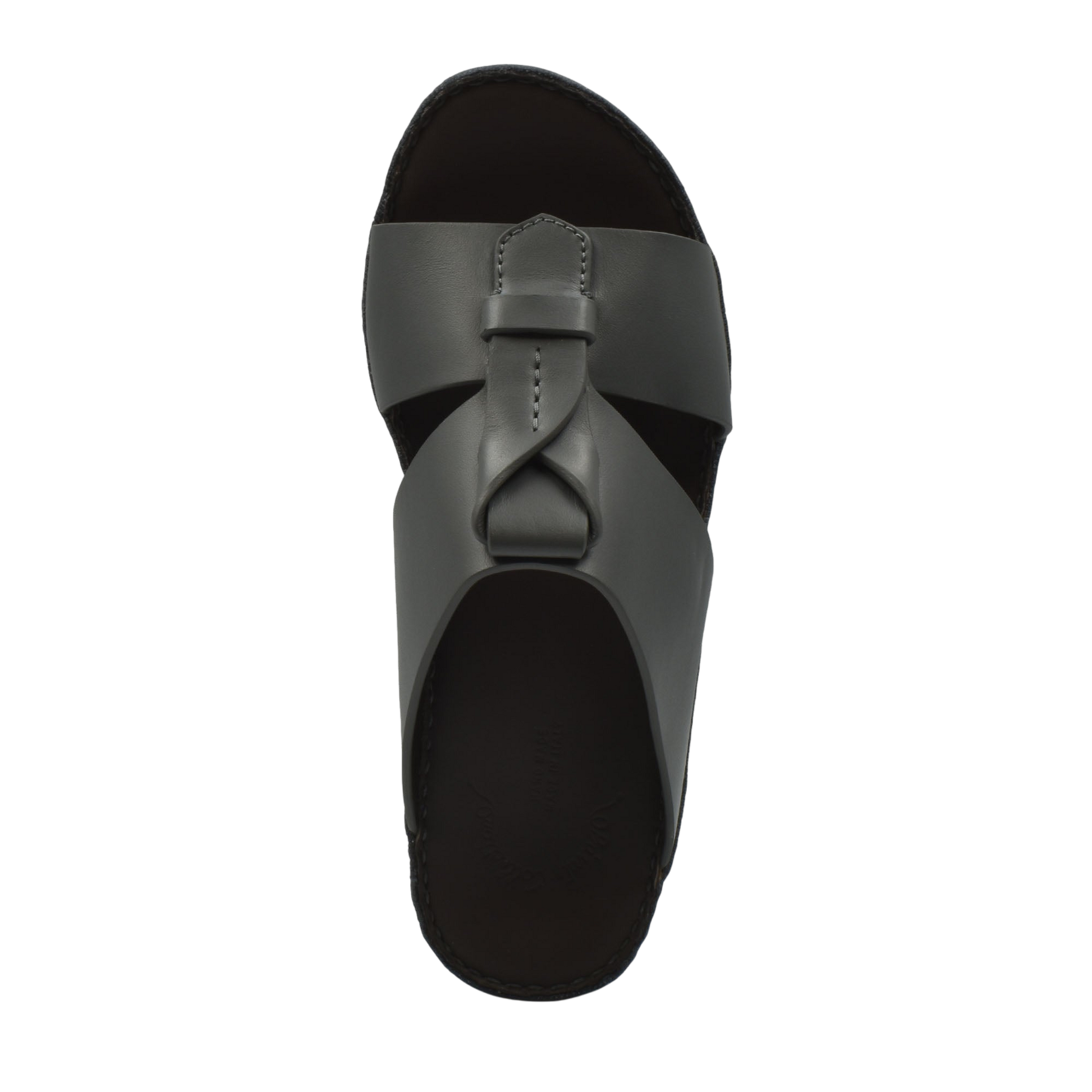 Top view of black luxury leather sandals with wide straps and cushioned sole