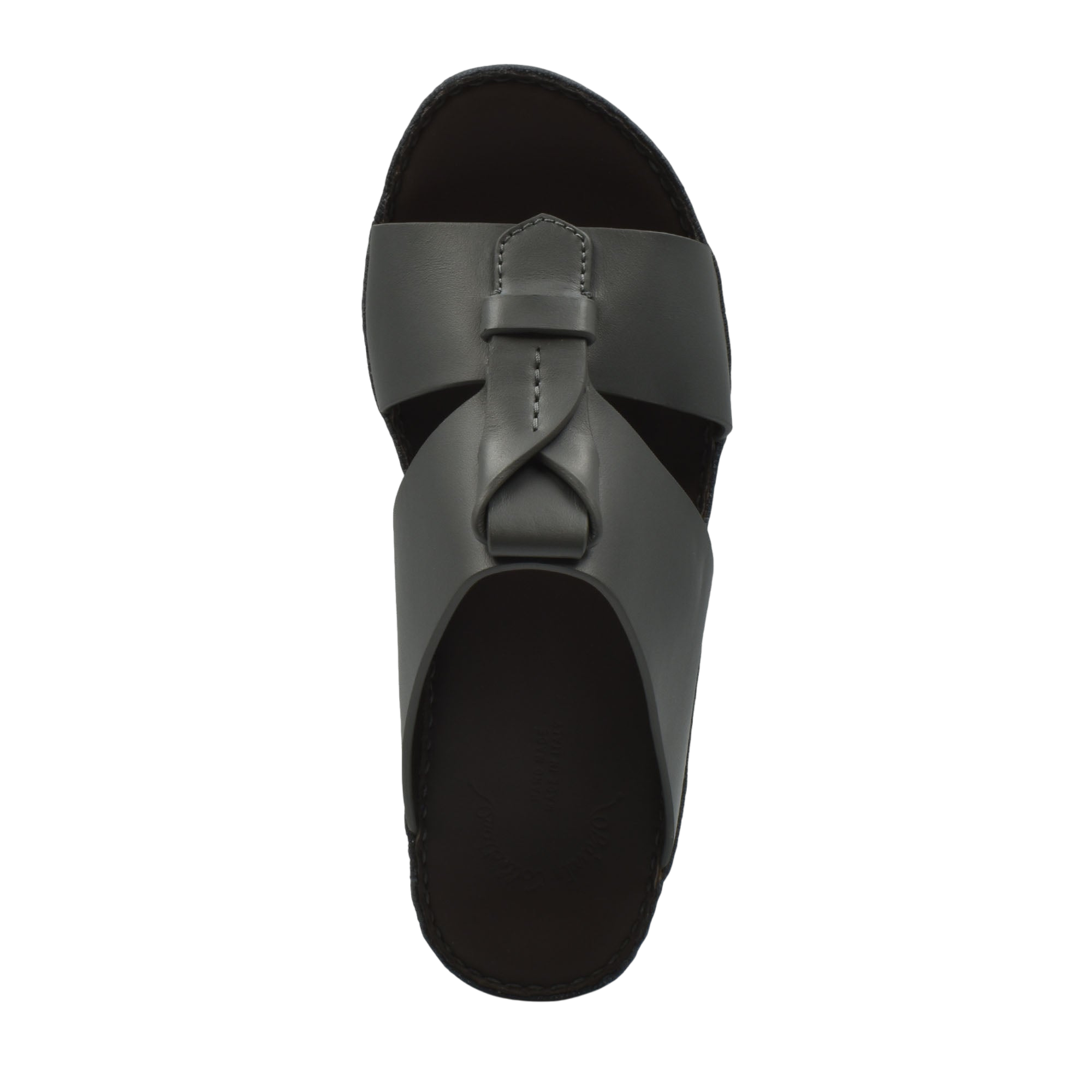 Top view of black luxury leather sandals with wide straps and cushioned sole