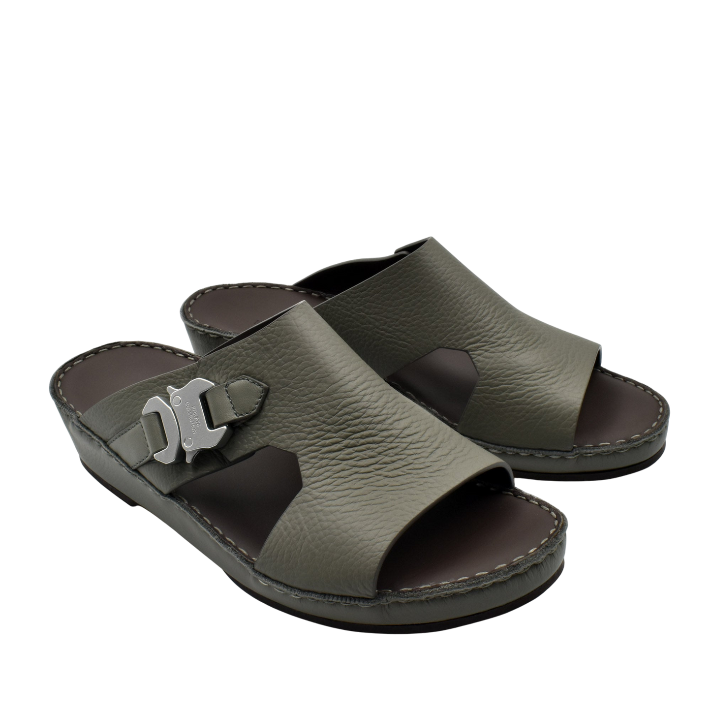 Private Collection luxury leather sandals in dark olive with open toe and adjustable buckle strap