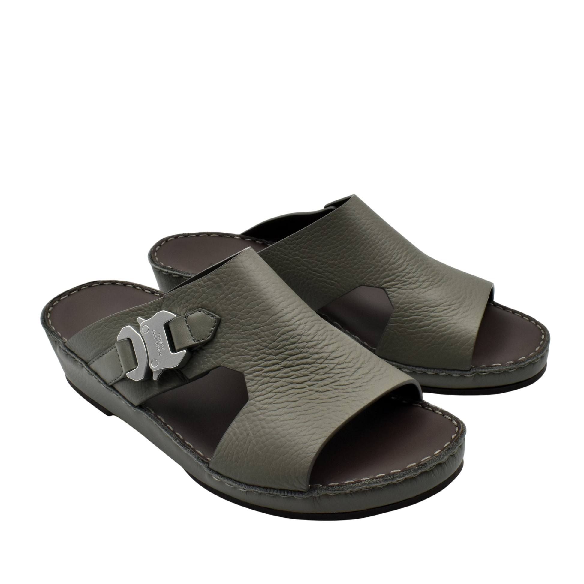 Private Collection luxury leather sandals in dark olive with open toe and adjustable buckle strap