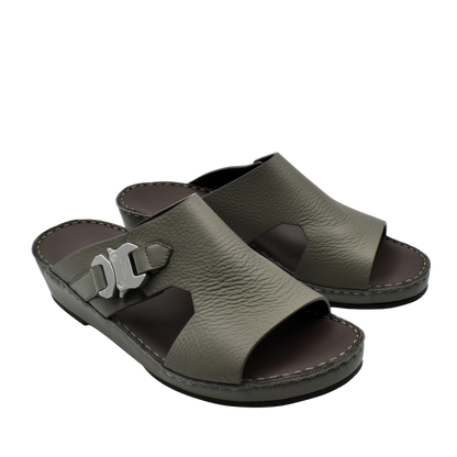 Private Collection luxury leather sandals in dark olive with open toe and adjustable buckle strap