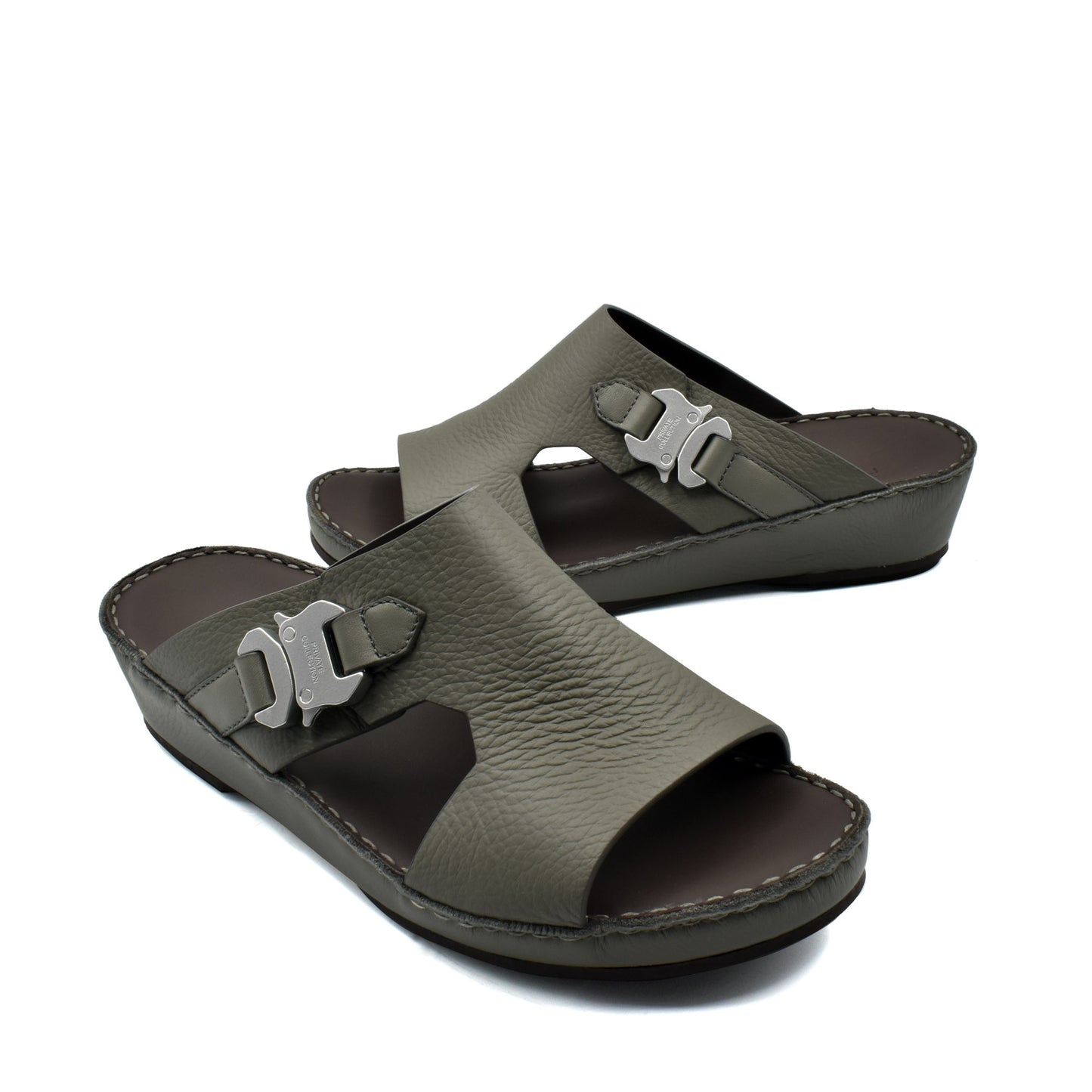 Private Collection gray luxury leather sandals with open toe and metal buckle detail