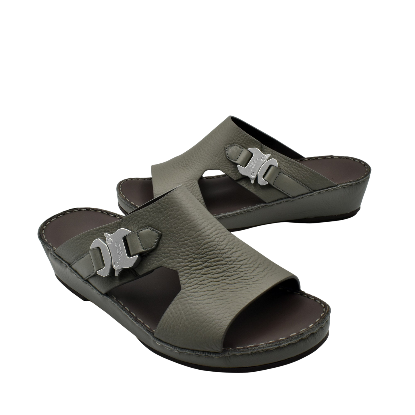 Private Collection gray luxury leather sandals with open toe and metal buckle detail