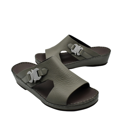 Private Collection gray luxury leather sandals with open toe and metal buckle detail