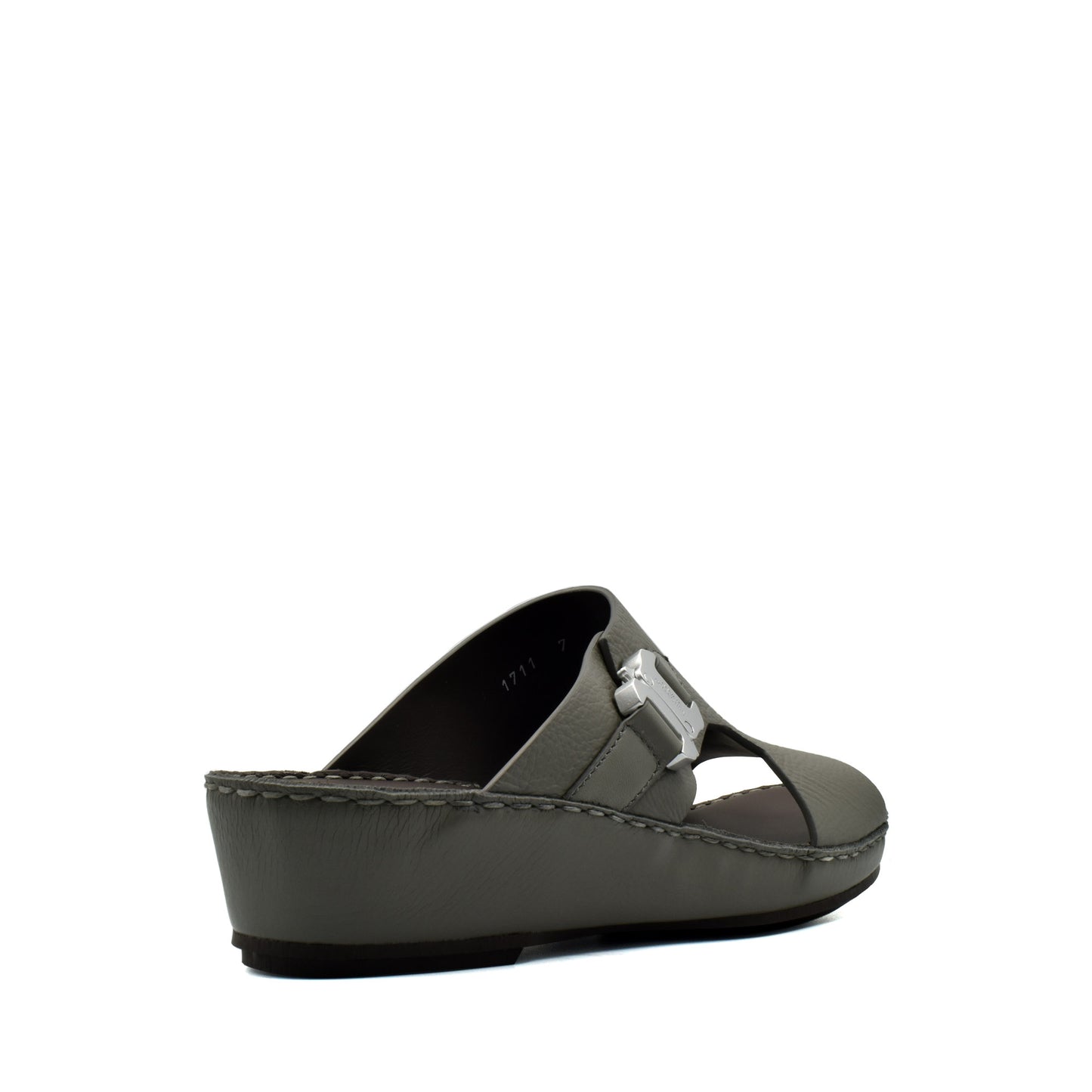 Gray wedge luxury leather sandals with silver buckle detail from Private Collection