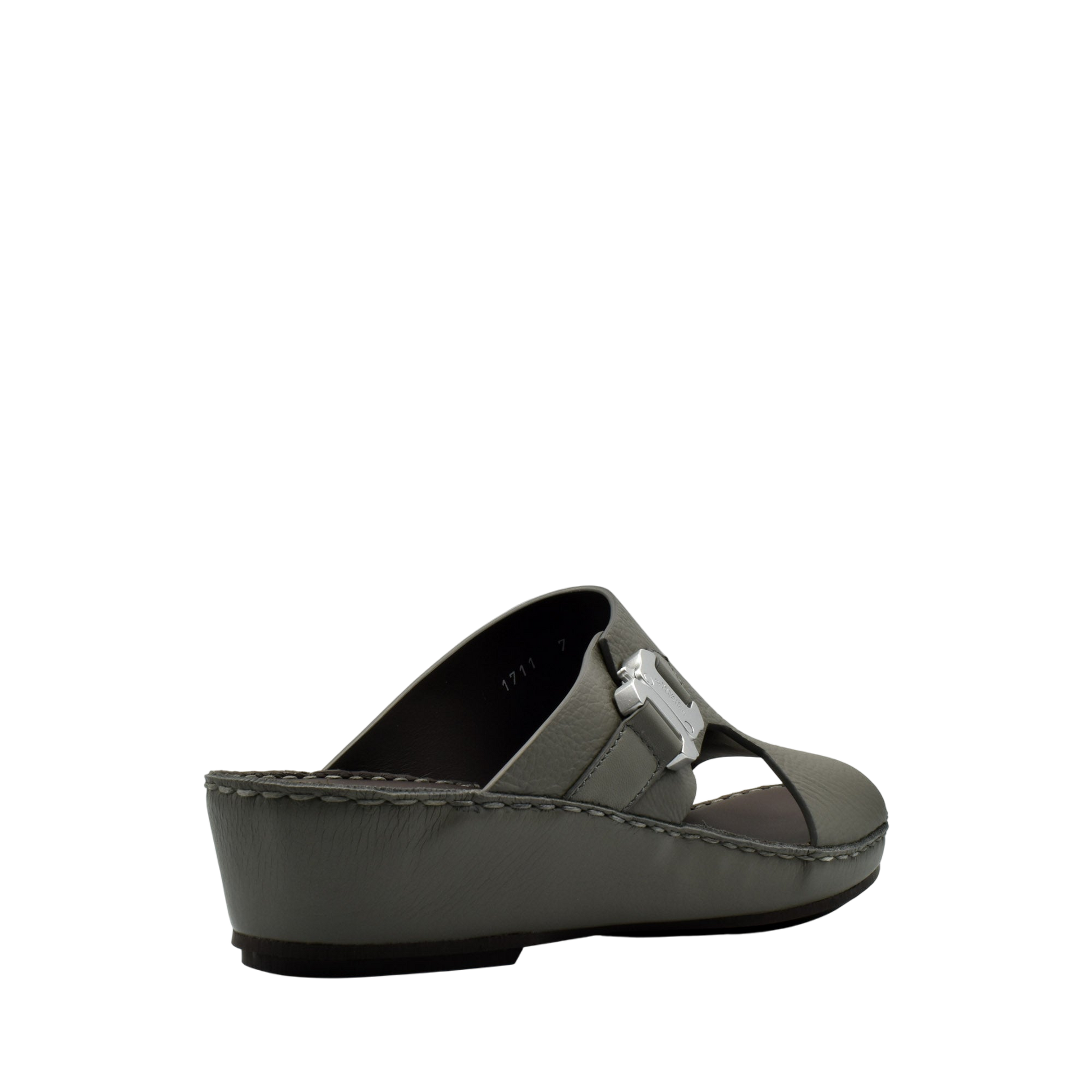 Gray wedge luxury leather sandals with silver buckle detail from Private Collection