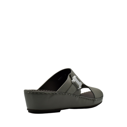 Gray wedge luxury leather sandals with silver buckle detail from Private Collection