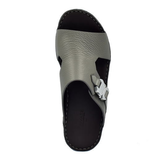 Gray Private Collection luxury leather sandals with open toe and silver buckle detail