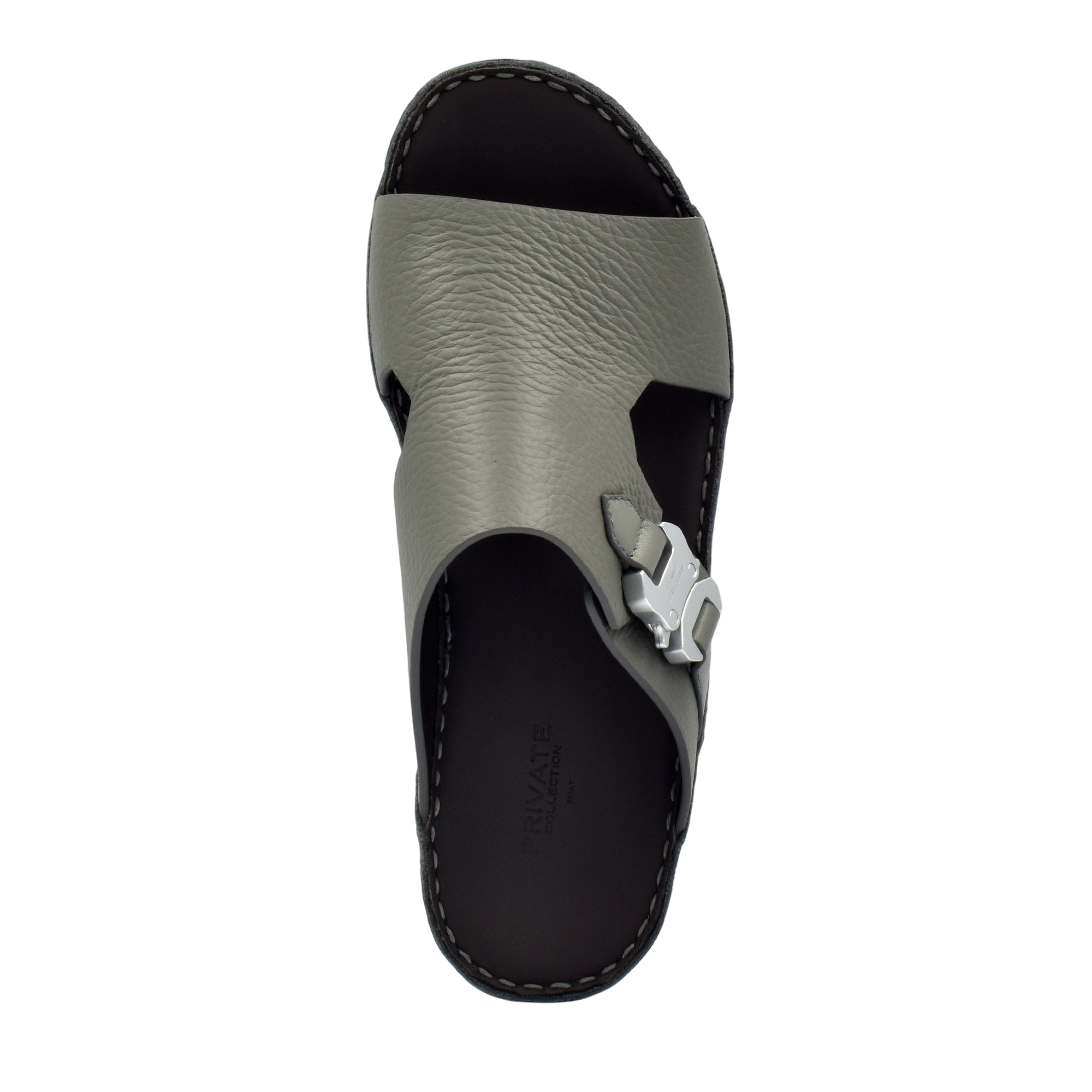 Gray Private Collection luxury leather sandals with open toe and silver buckle detail