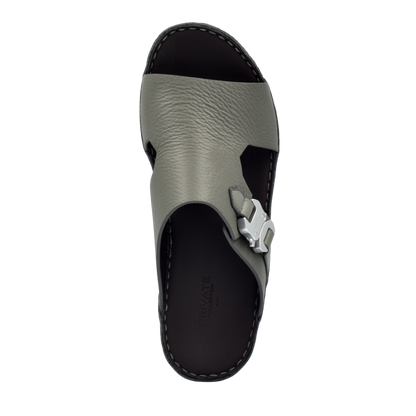 Gray Private Collection luxury leather sandals with open toe and silver buckle detail