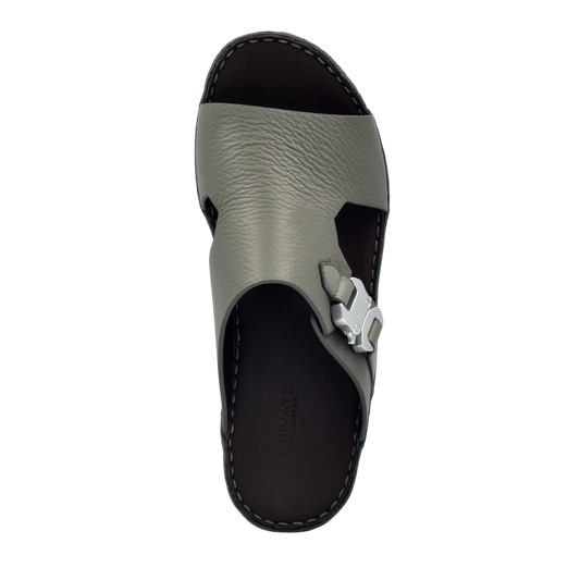 Gray Private Collection luxury leather sandals with open toe and silver buckle detail