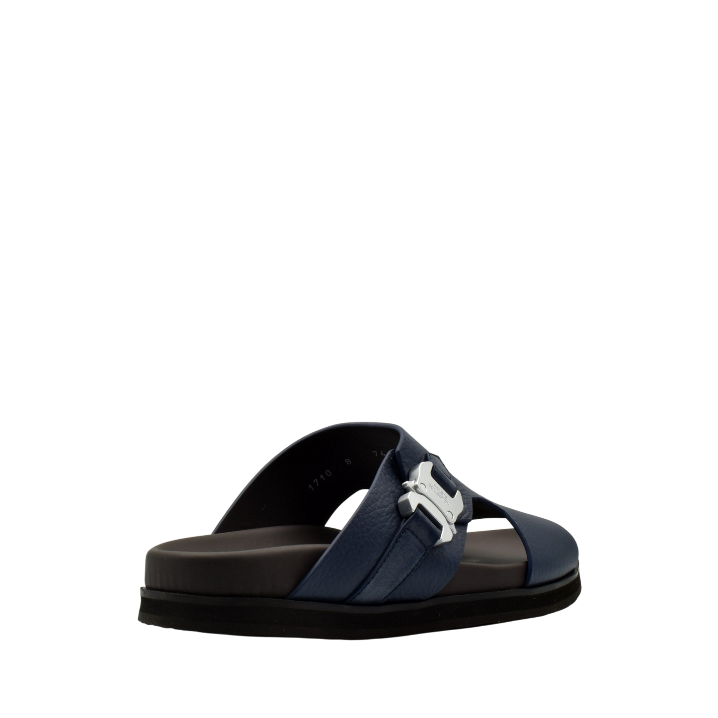 Blue luxury leather sandals with silver buckle and cushioned sole from Private Collection
