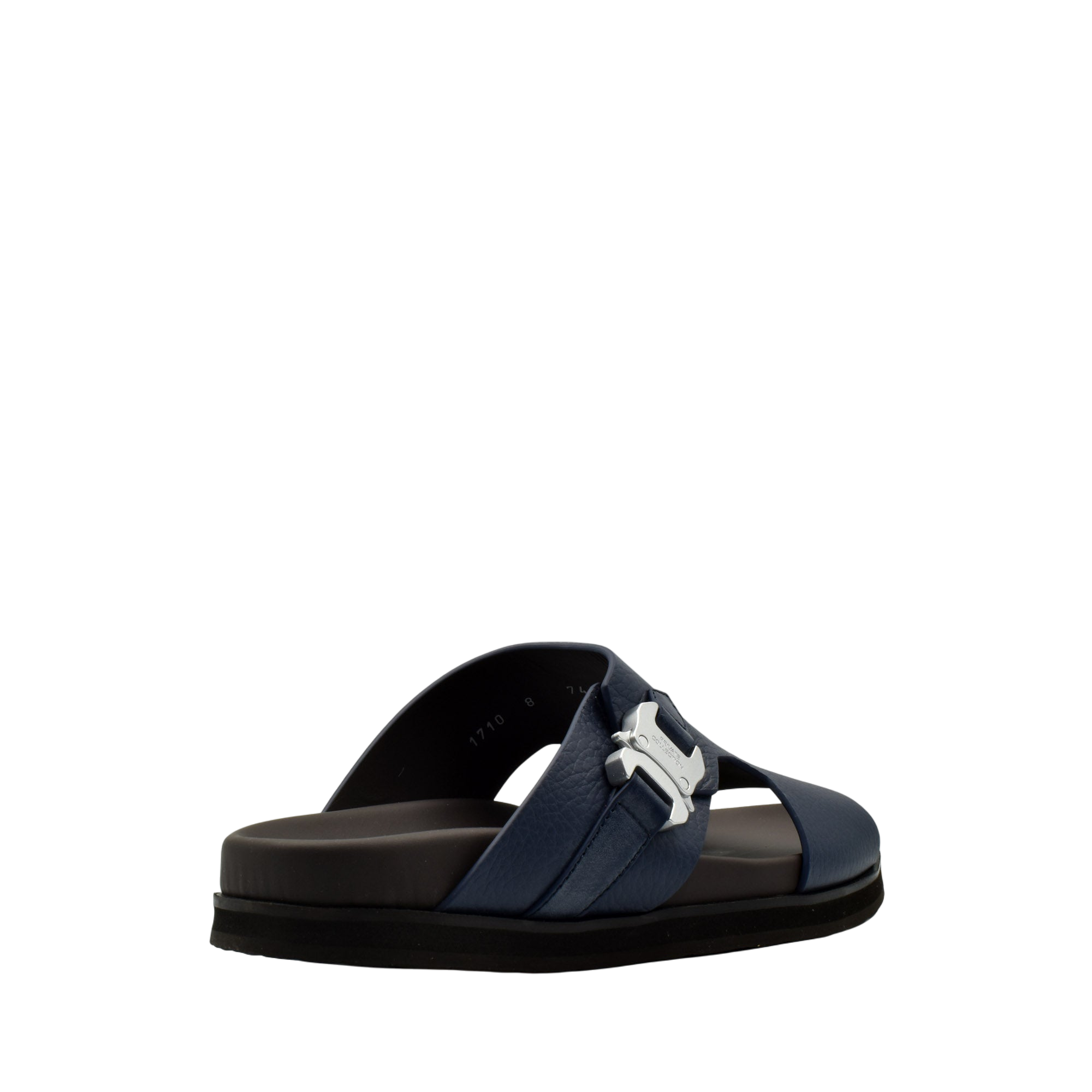 Blue luxury leather sandals with silver buckle and cushioned sole from Private Collection