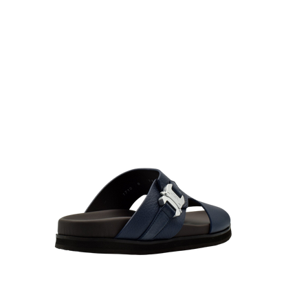 Blue luxury leather sandals with silver buckle and cushioned sole from Private Collection