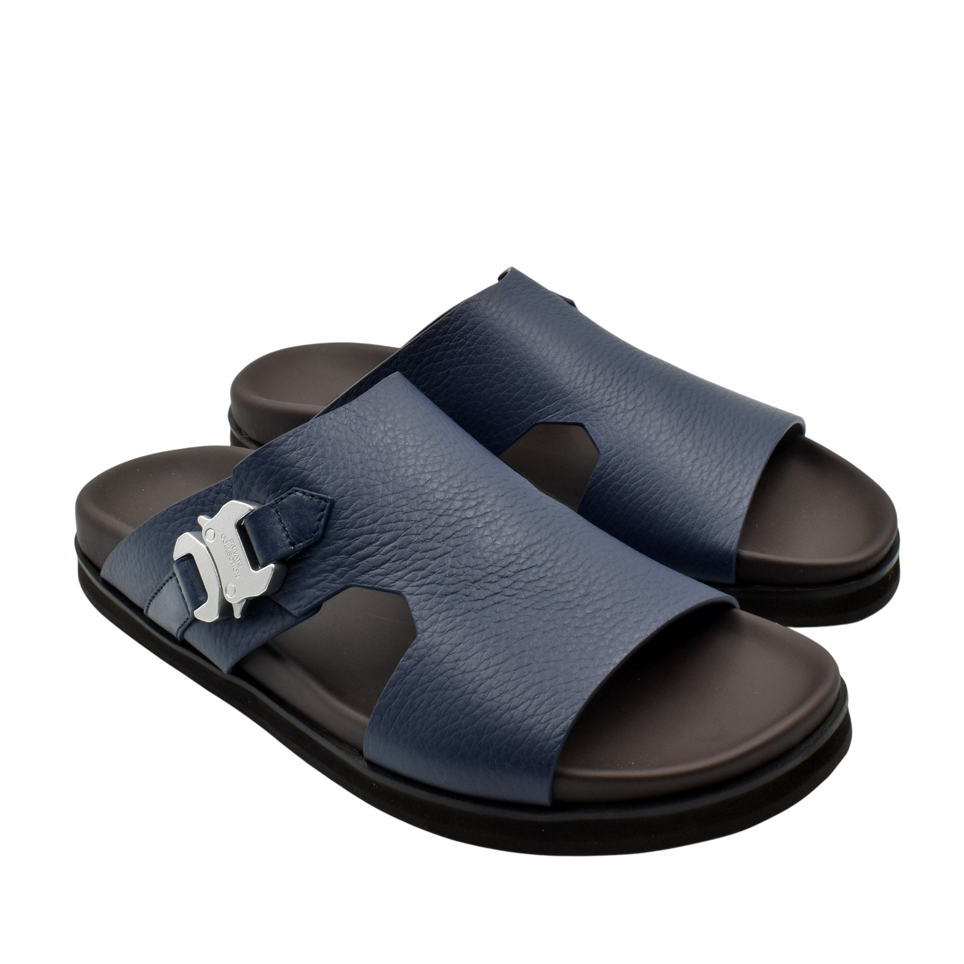 Private Collection navy blue luxury leather sandals with adjustable buckle and cushioned sole
