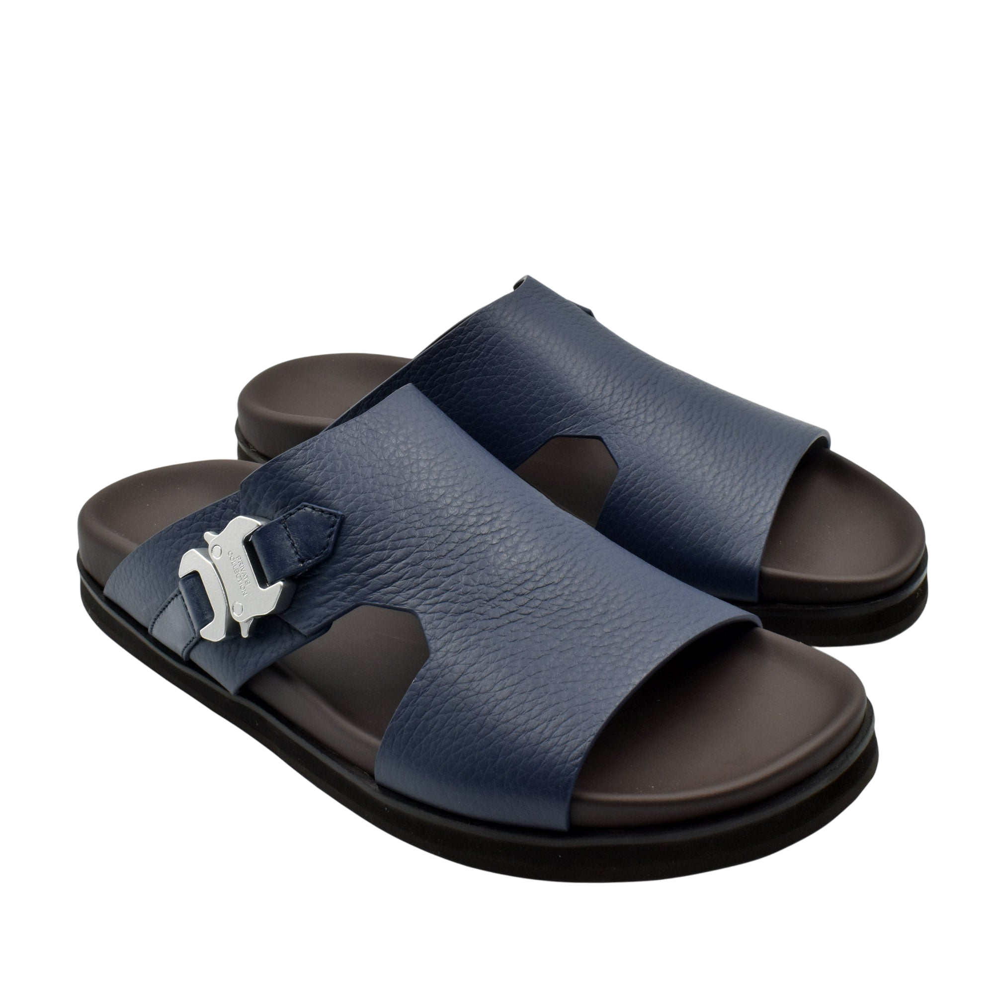 Private Collection navy blue luxury leather sandals with adjustable buckle and cushioned sole
