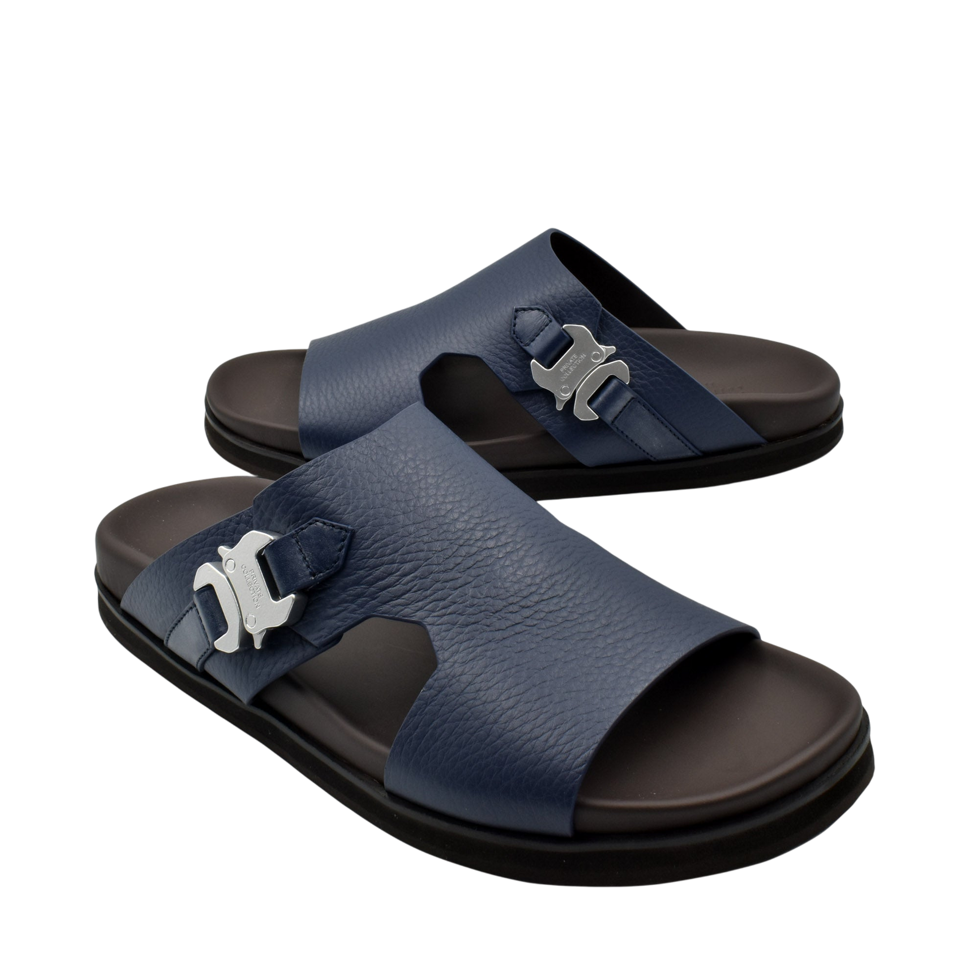 Private Collection navy blue luxury leather sandals with silver buckle detail and black sole
