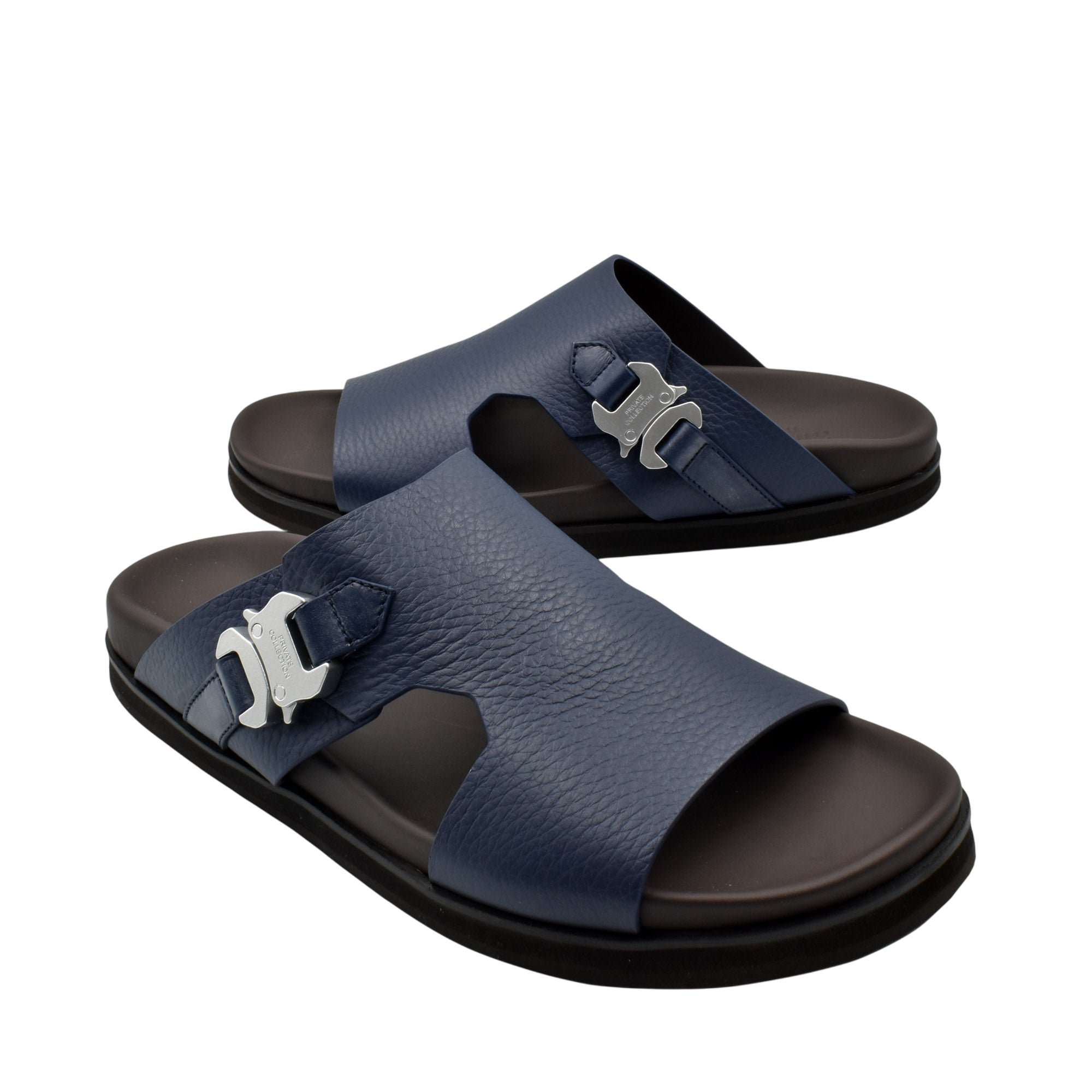 Private Collection navy blue luxury leather sandals with silver buckle detail and black sole