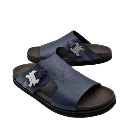 Private Collection navy blue luxury leather sandals with silver buckle detail and black sole