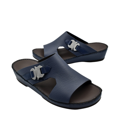 Private Collection luxury leather sandals in navy blue with silver buckle and open toe design