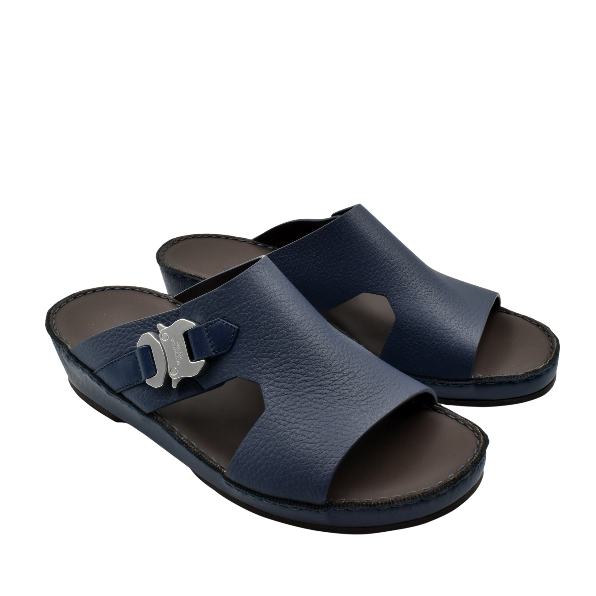 Private Collection navy blue luxury leather sandals with open toe and adjustable buckle straps