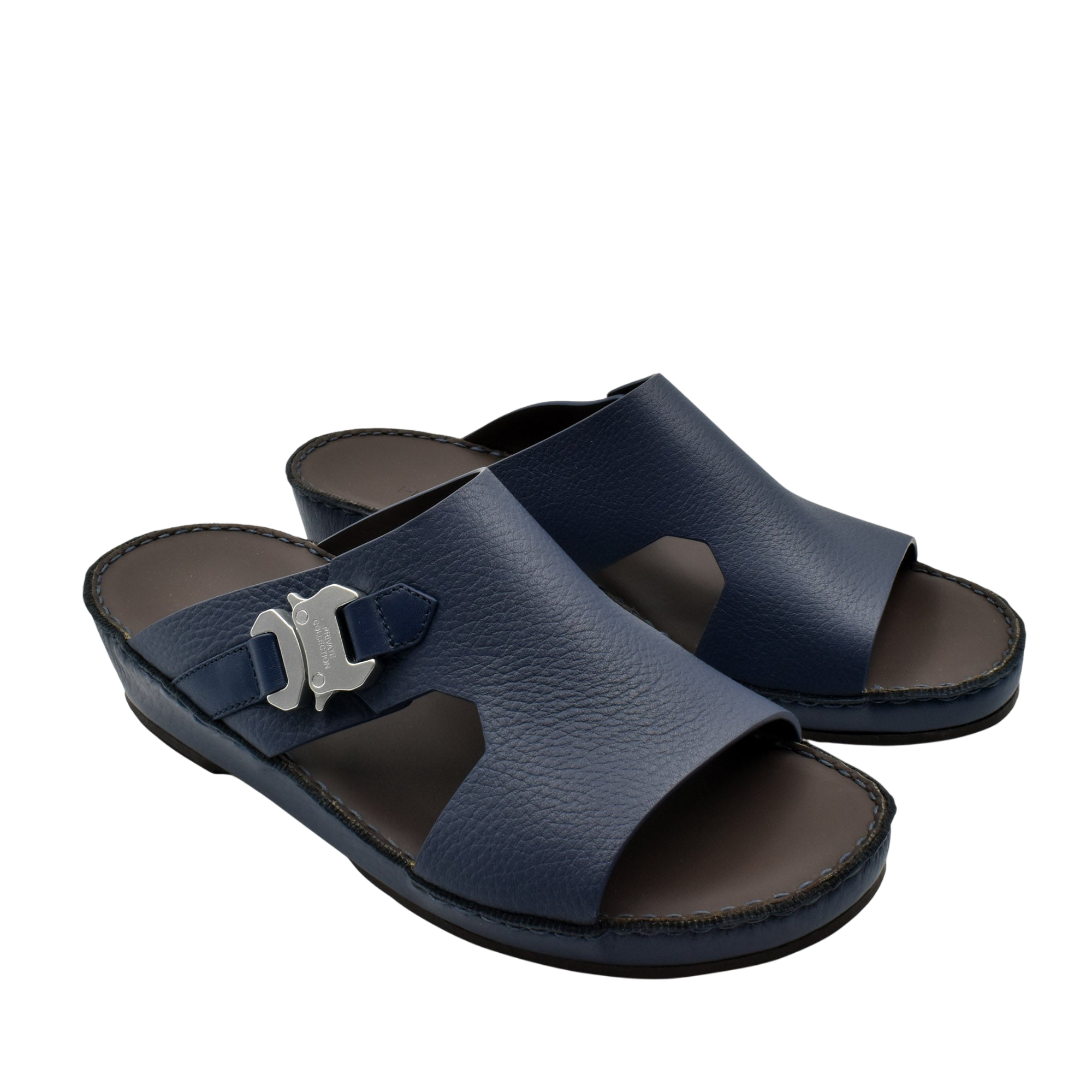 Private Collection navy blue luxury leather sandals with open toe and adjustable buckle straps