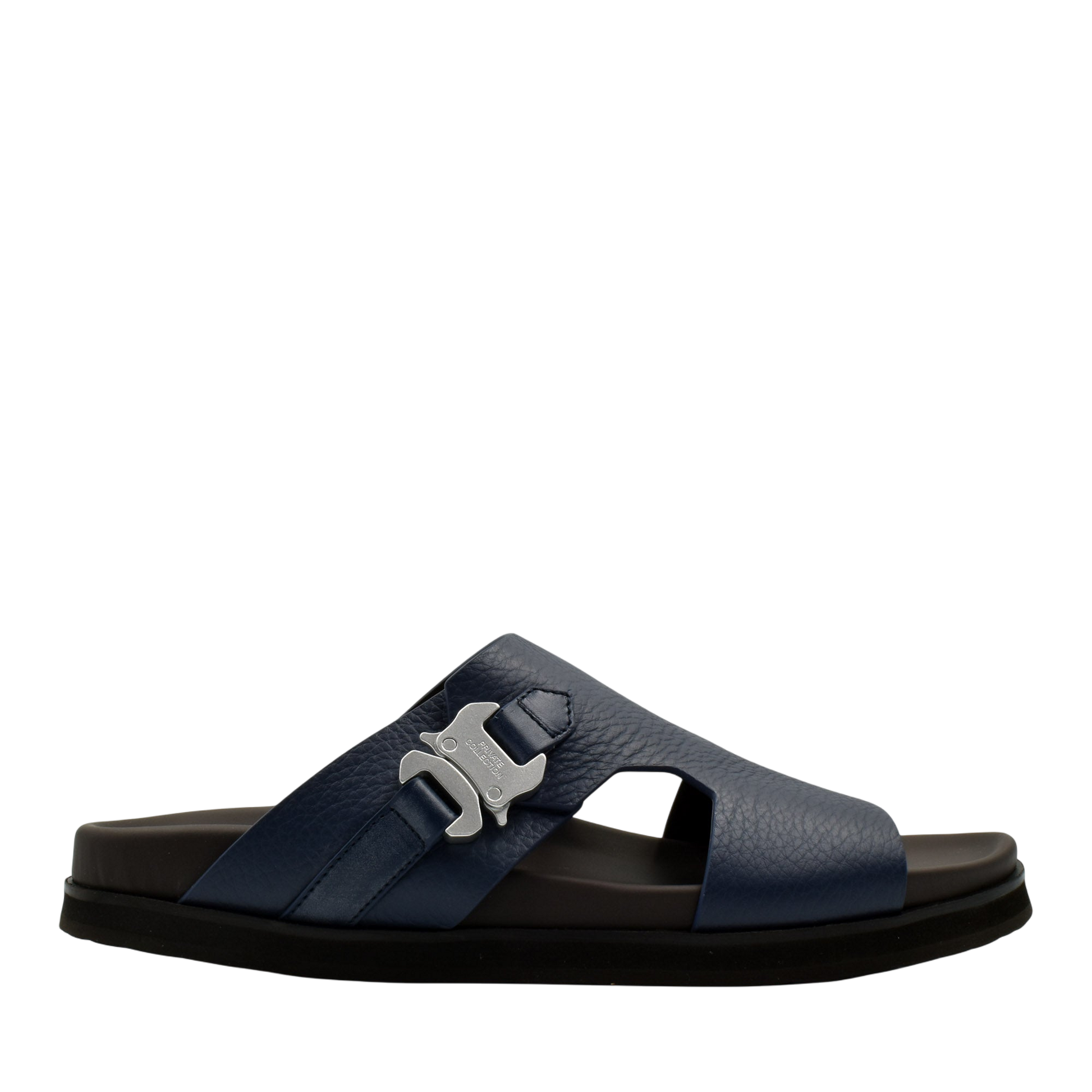 Private Collection navy blue luxury leather sandals with silver buckle and black sole