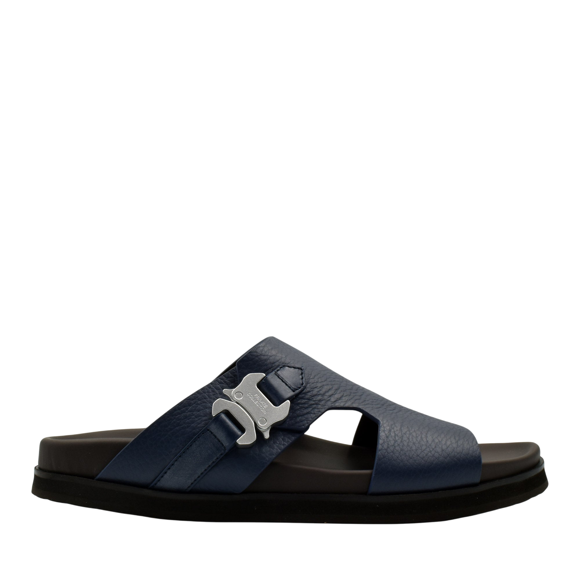 Private Collection navy blue luxury leather sandals with silver buckle and black sole