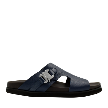 Private Collection navy blue luxury leather sandals with silver buckle and black sole