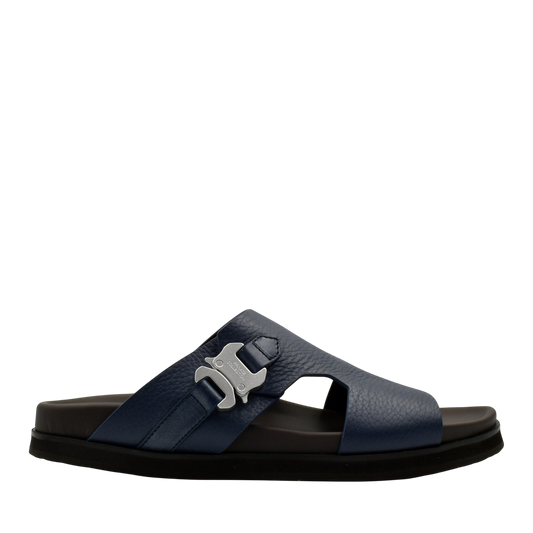 Private Collection navy blue luxury leather sandals with silver buckle and black sole