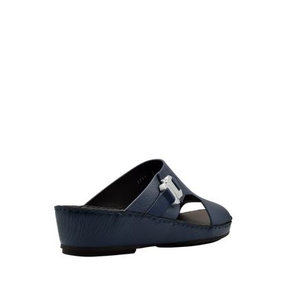 Private Collection navy blue luxury leather sandals with wedge heel and open toe design