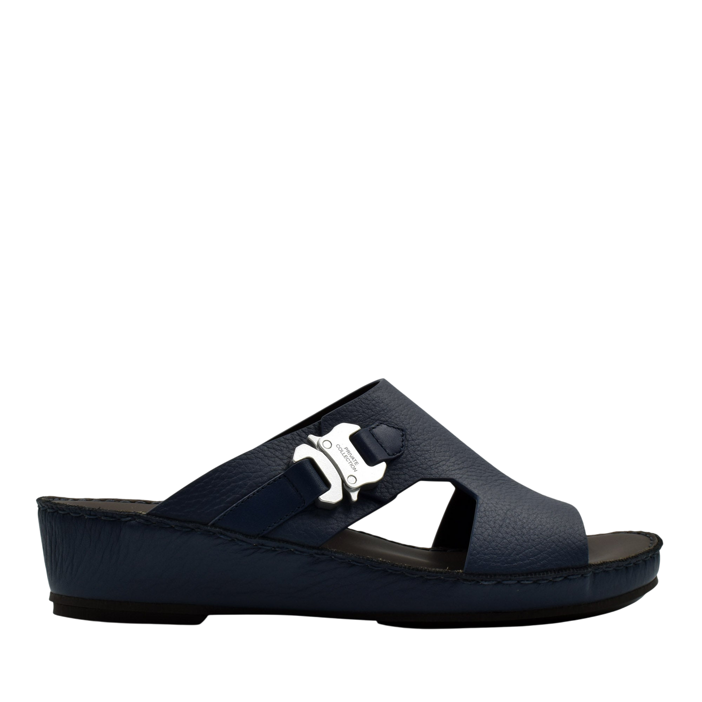 Private Collection navy blue luxury leather sandals with silver buckle and comfortable wedge sole